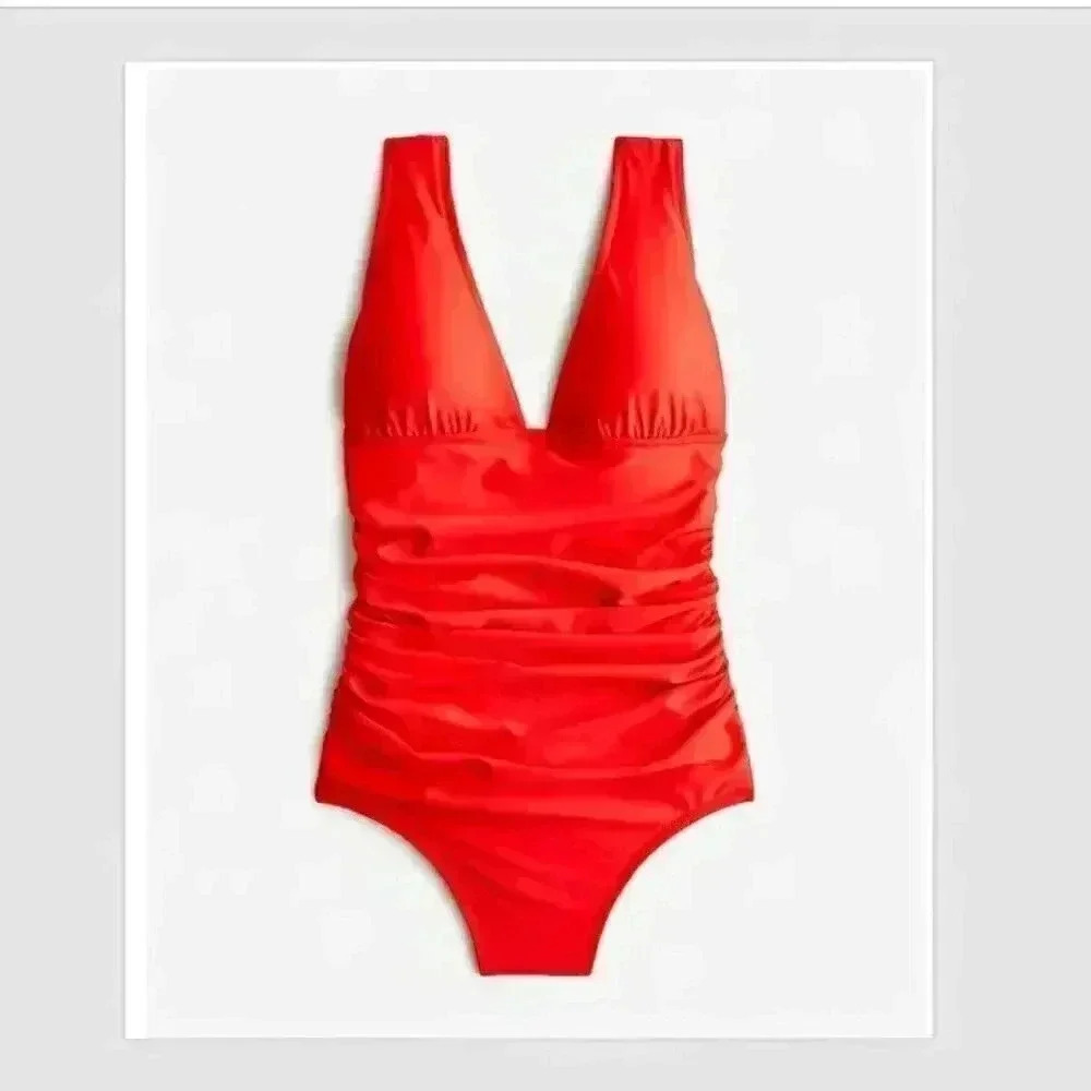 J. Crew NWT Ruched V Neck One Piece Swimsuit Size 22 Bright Red Beach